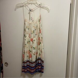 Chloe K Womens Mini Dress XL 38” Beige Pleated Floral Boho Print Blue Orange